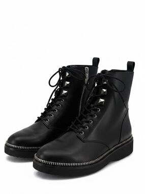 Michael Kors Haskell Black Leather Moto Combat Side Zipper Lace Up Boots 9M NWOB